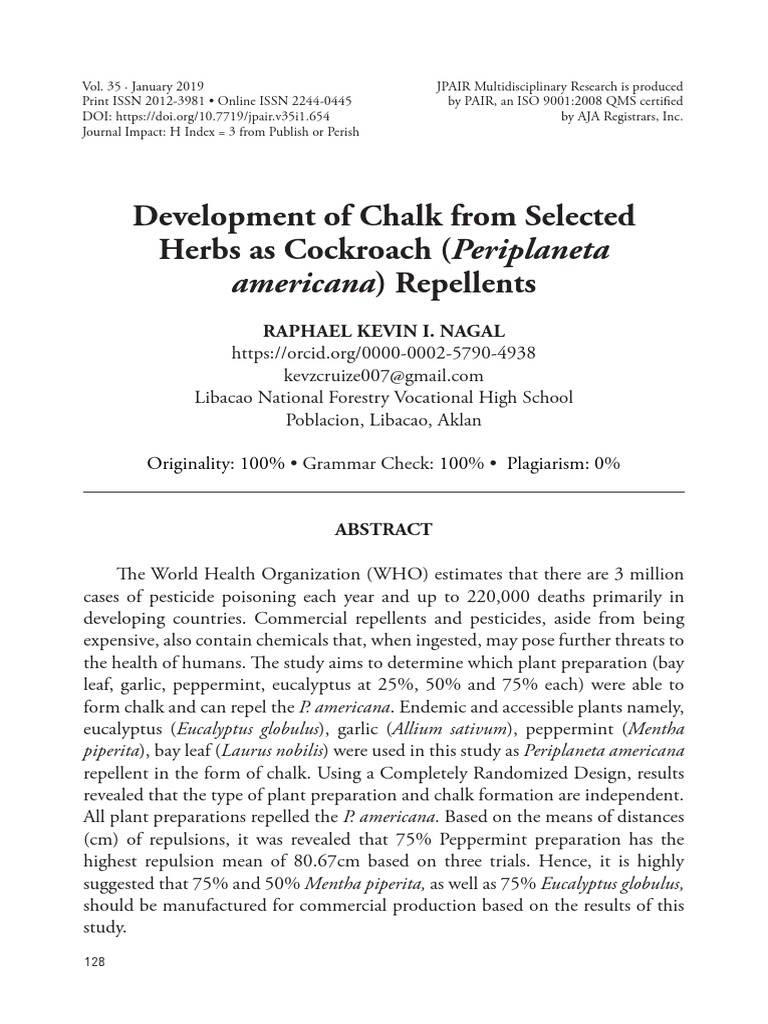 Development of Chalk from Selected Herbs as Cockroach Repellents PDF