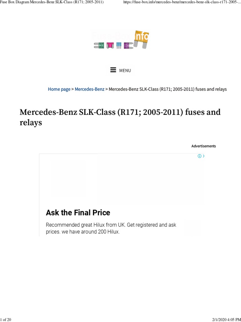 Fuse Box Diagram Mercedes-Benz SLK-Class (R171 2005-2011) | PDF | Relay