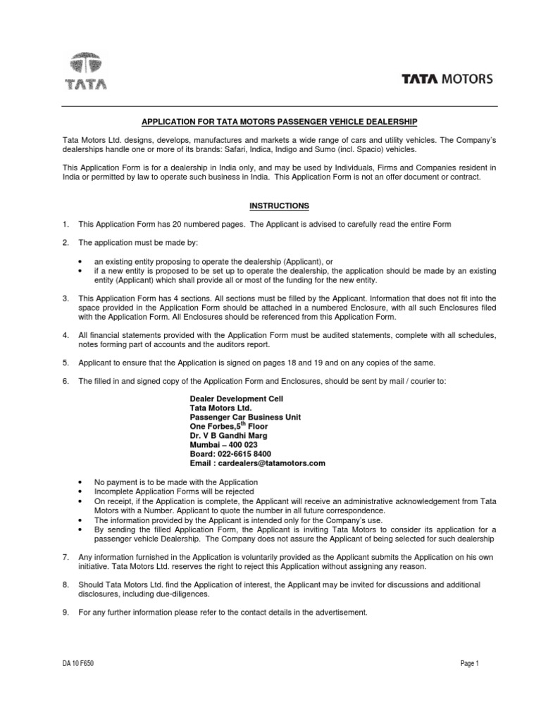 Application For Tata Motors Passenger Vehicle Dealership Sole