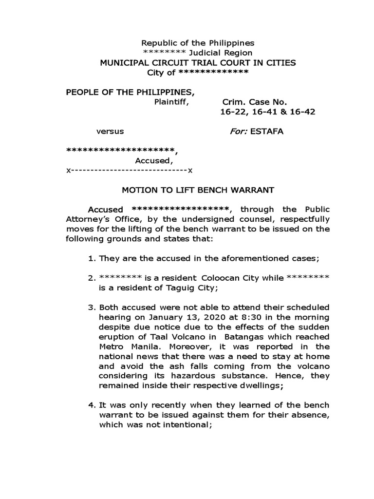 Motion To Lift Bench Warant PDF Arrest Warrant Social Institutions