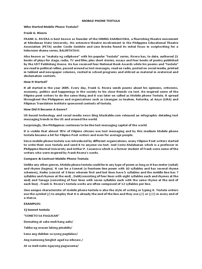 MOBILE PHONE TEXTULA Text Messaging Poetry