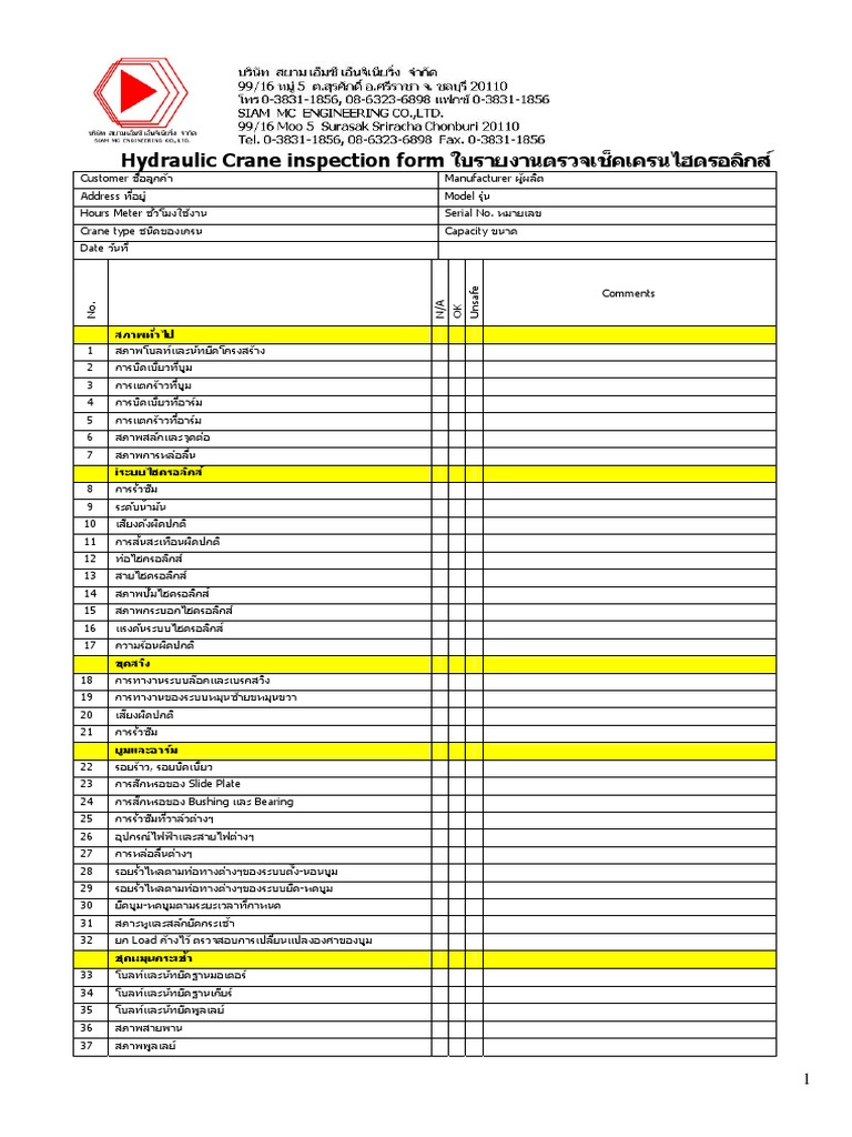 Hydraulic Crane Inspection Check List PDF