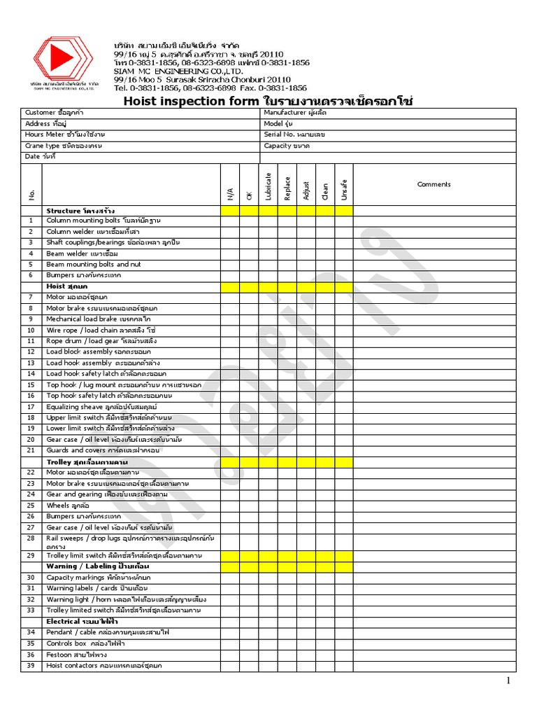 Hoist Inspection Check List PDF