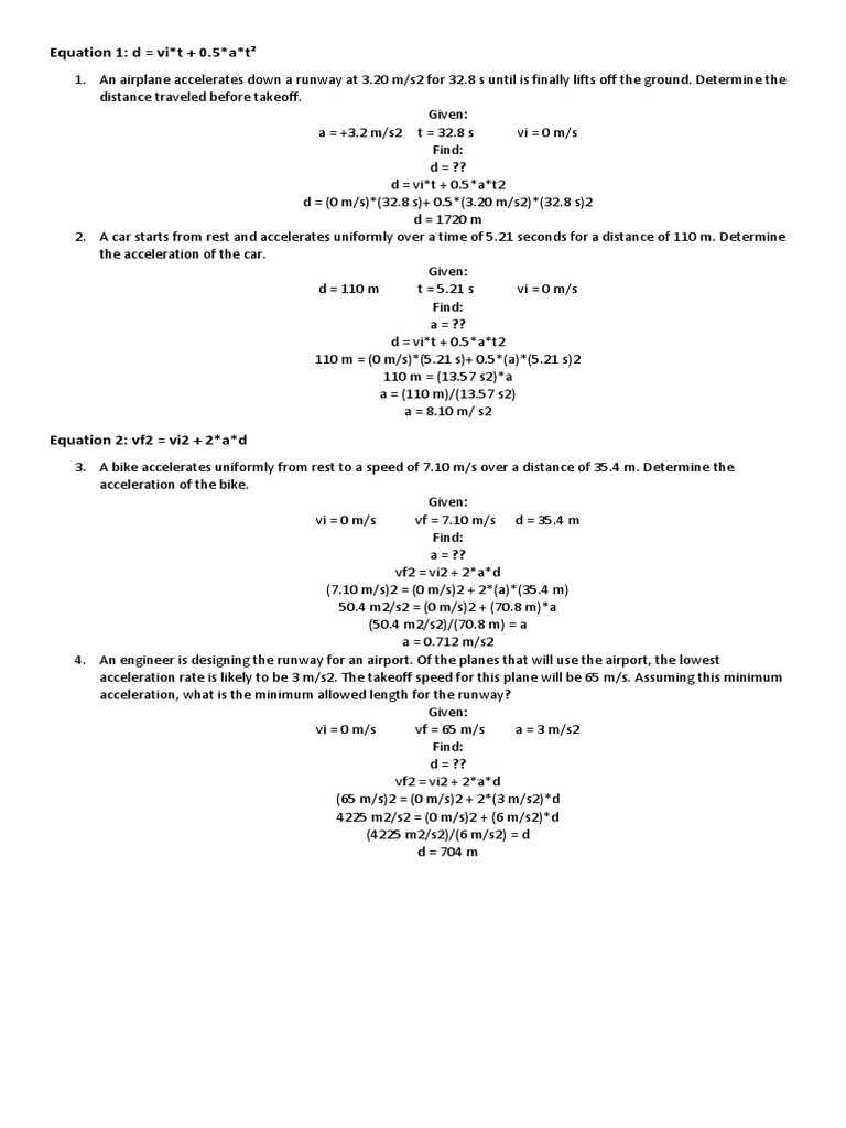 Kinematic Equations Sample Problems PDF Takeoff Acceleration