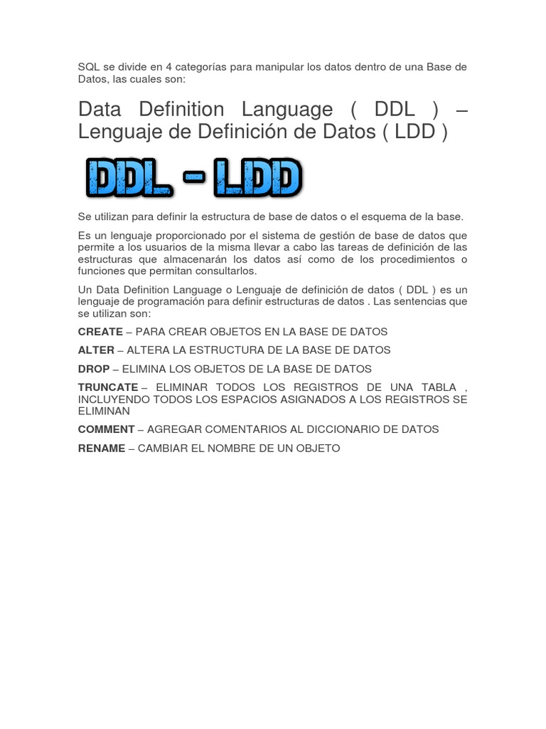 DDL y DML en SQL: Definición y Ejemplos | PDF | SQL | Gestión de datos
