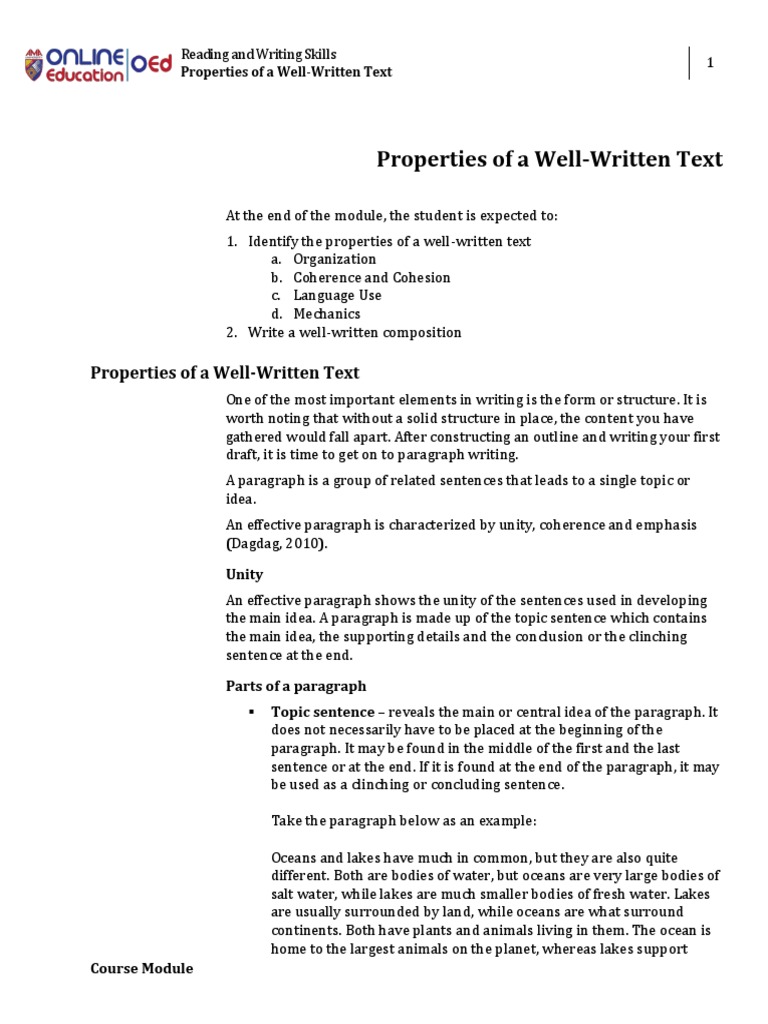 Lesson 6 Properties of A WellWritten Text PDF PDF Pronoun Paragraph