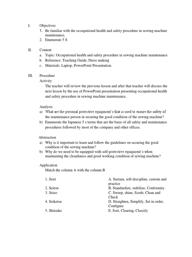 Occupational Health and Safety Procedure in Sewing Machine Maintenance