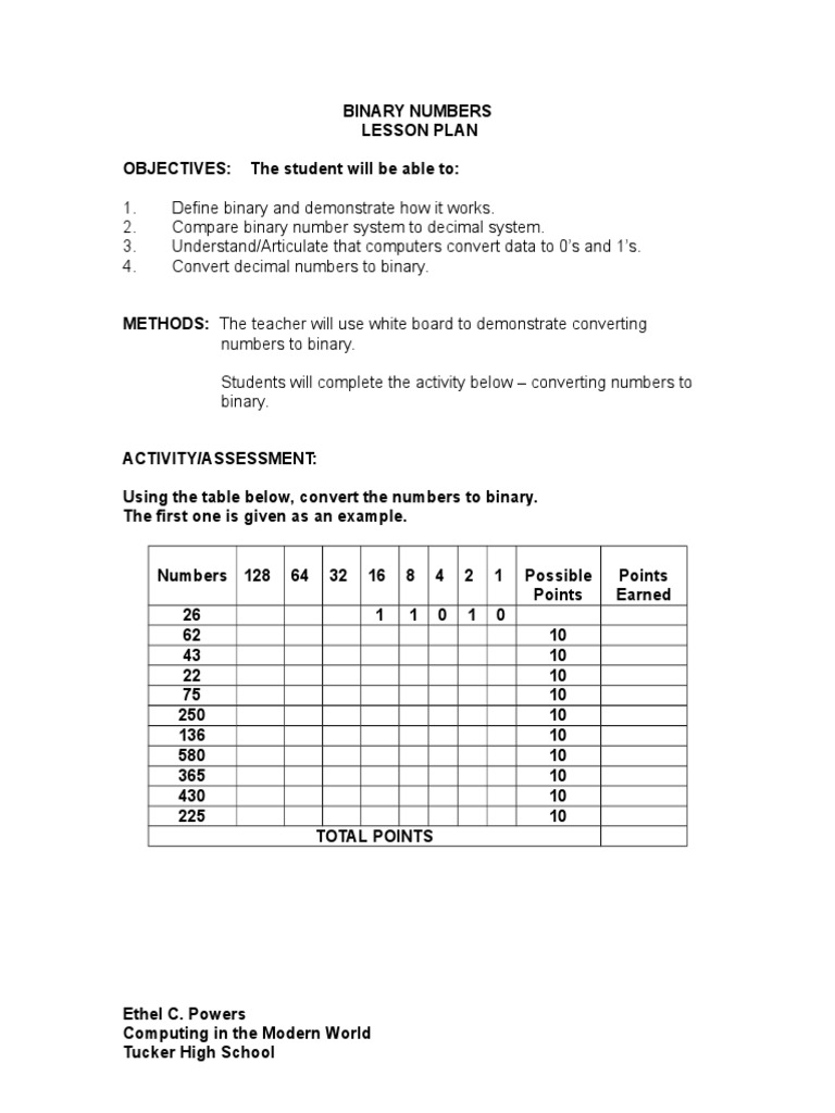 Binary Numbers Lesson Plan | PDF