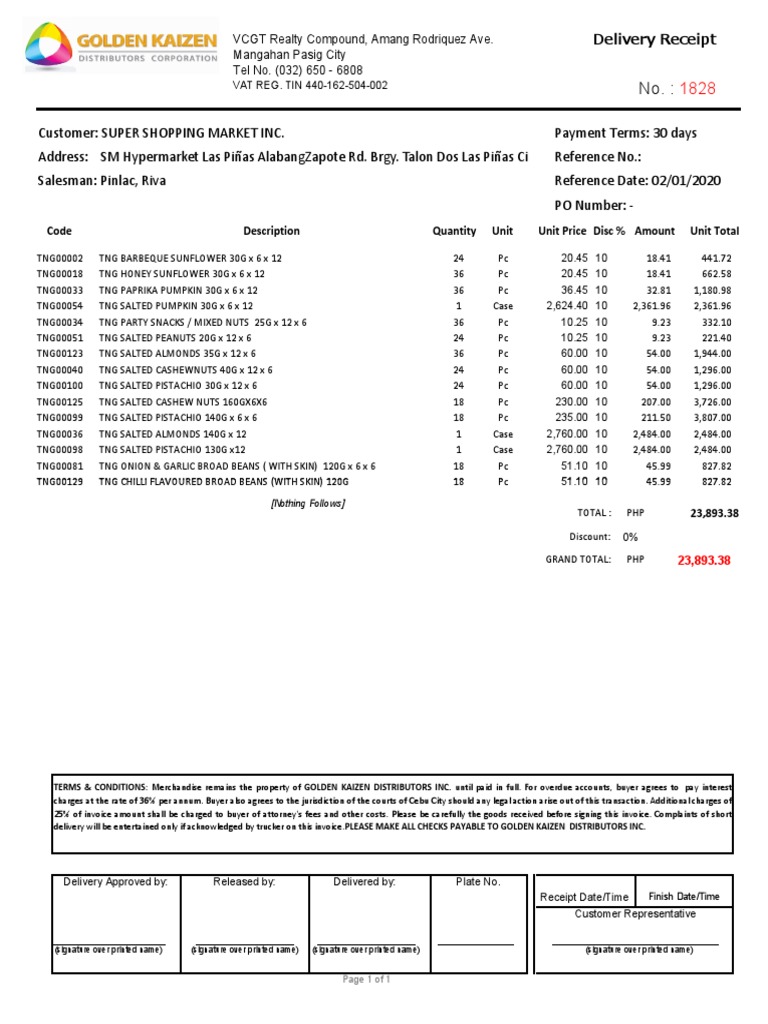 Delivery Receipt for Snack Products | PDF | Receipt | Invoice