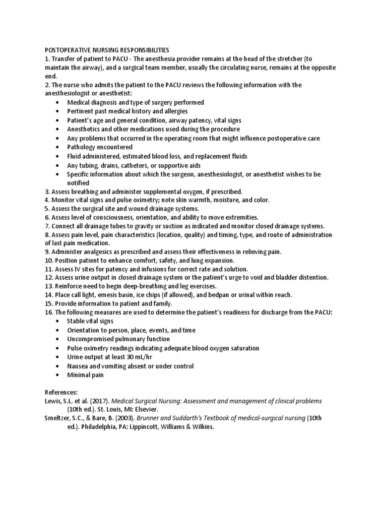 Postoperative Nursing Responsibilities PDF Anesthesia Surgery