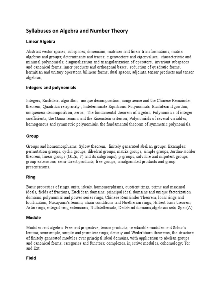 Syllabuse Theory Ring Mathematics Group Mathematics
