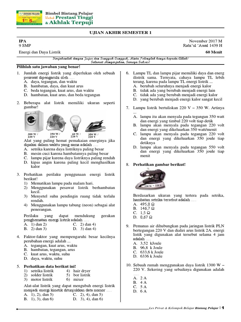 UAS 1 SMP Kelas 9 IPA - Energi Dan Daya Listrik | PDF | Sains ...