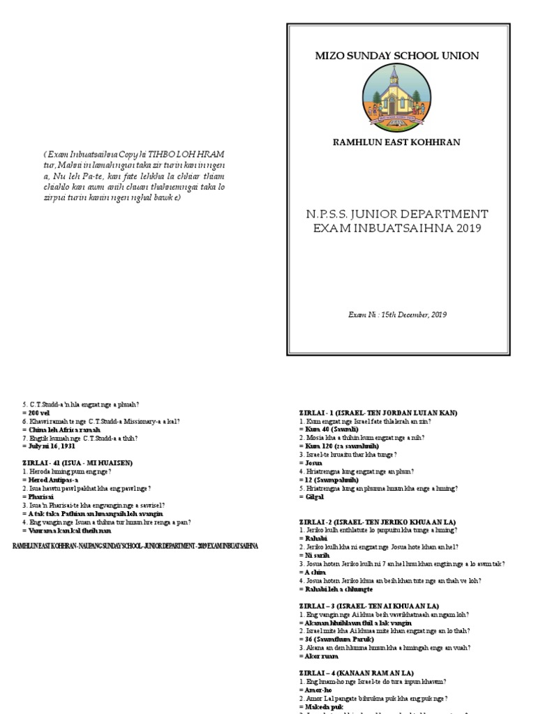 Junior Dept Exam Booklet PDF