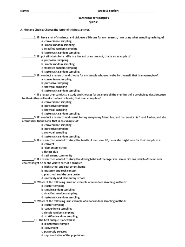 Sampling Techniques Quiz PDF Sampling (Statistics) Research Methods