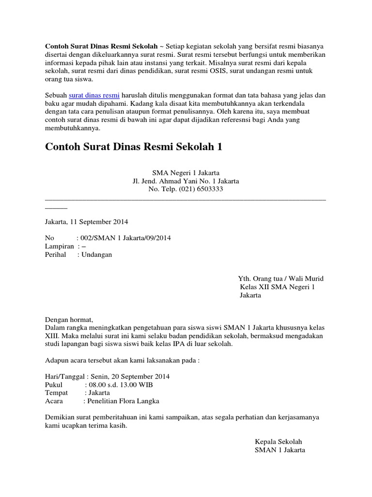 Contoh Surat Dinas Resmi Sekolah