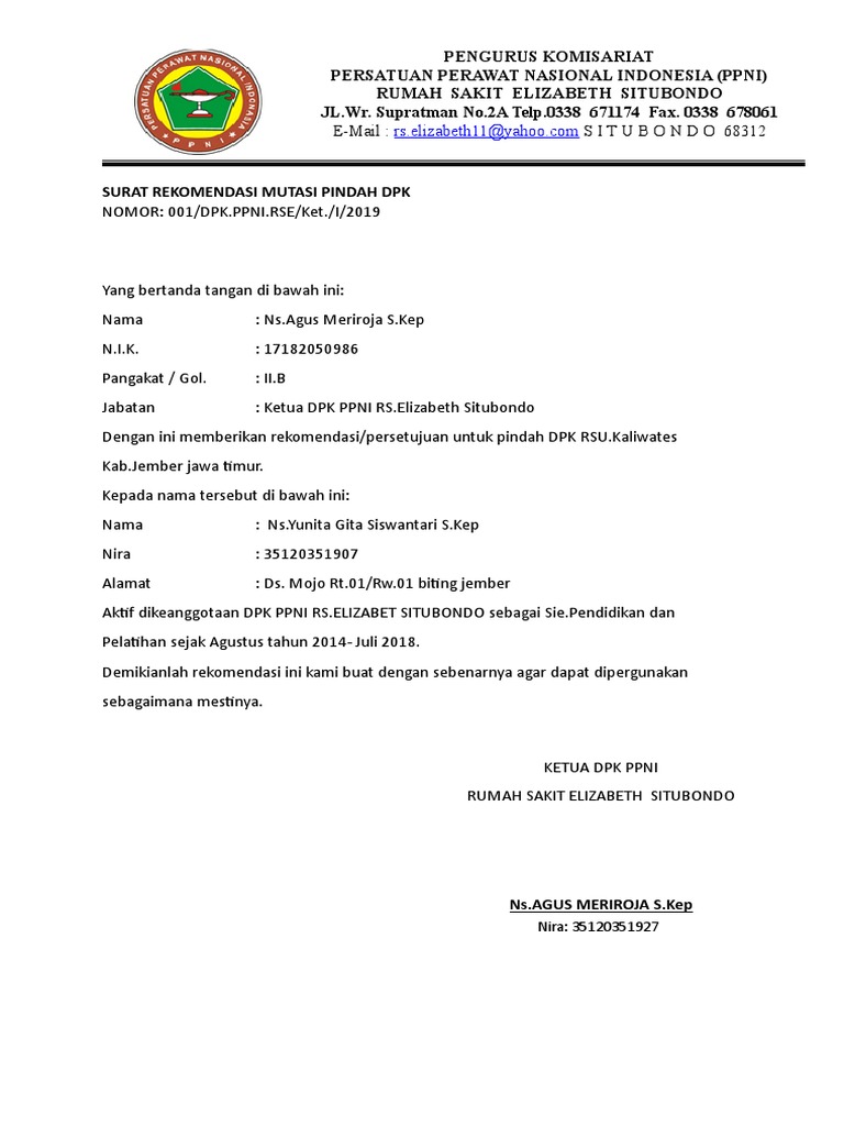 Surat Rekomendasi Mutasi Pindah Dpk Pdf