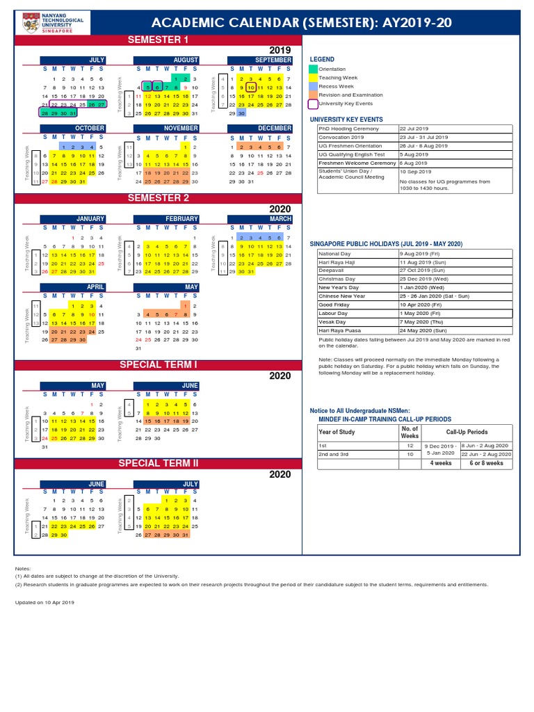 NTU Academic Calendar AY201920 (Semester) Download Free PDF