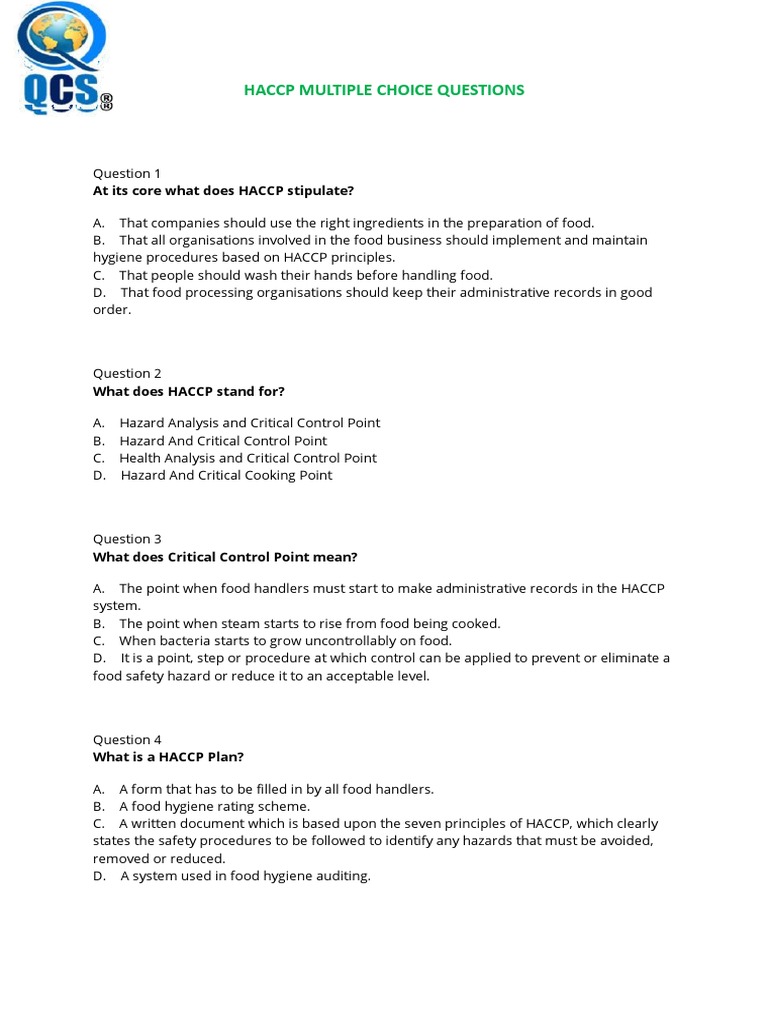 HACCP Multiple Choice Questions PDF Hazard Analysis And Critical