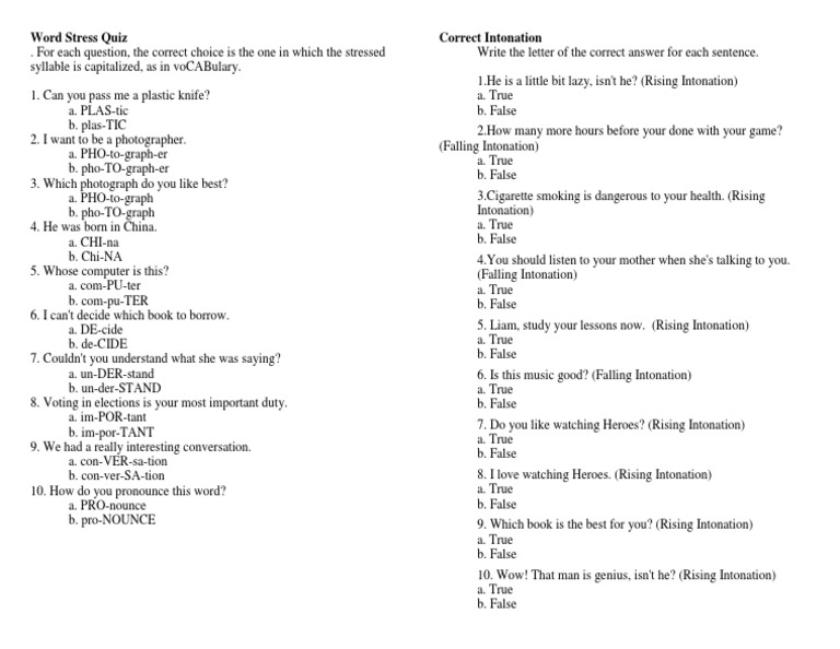 Word Stress Quiz Pdf Stress Linguistics Human Voice