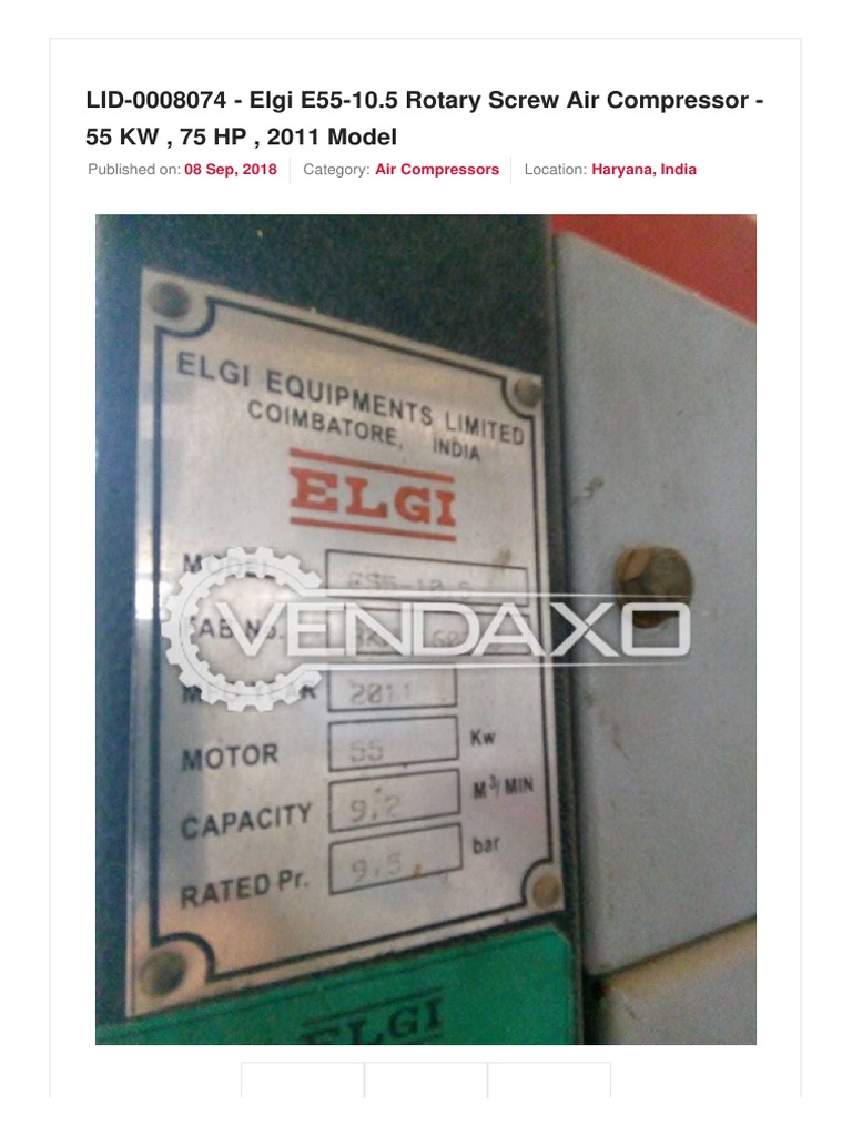 Vendaxo - Elgi E55-10.5 Rotary Screw Air Compressor - 55 KW, 75 HP ...