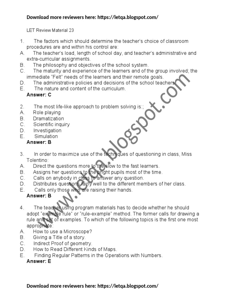LET Review Material for Teachers | PDF | Teachers | Question
