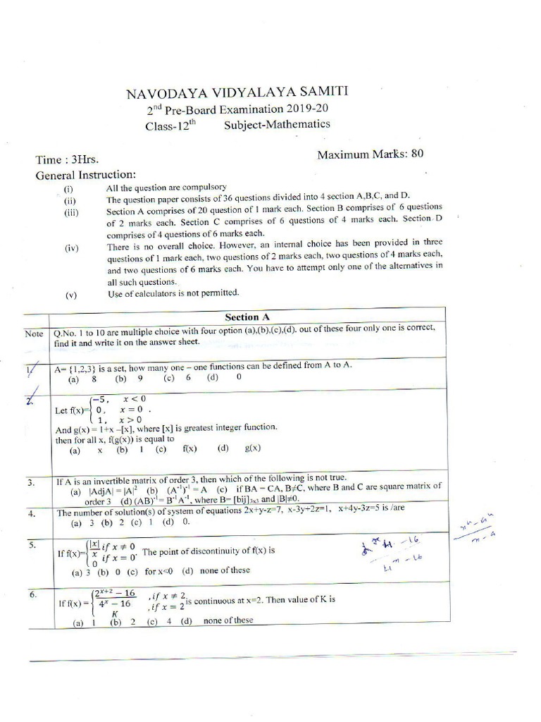 Mathematics Question Paper Navodaya Vidyalaya Samiti 201920 PDF