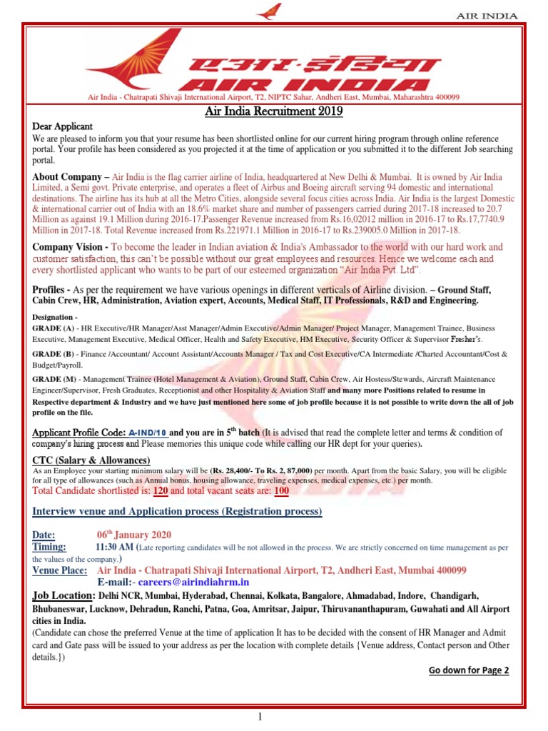 Air India (HRM) - Invitation Letter - 2 PDF | PDF | Airlines | Business