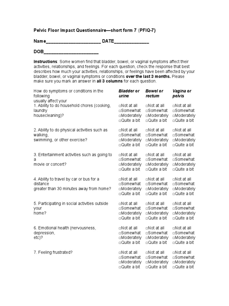 Pelvic Floor Impact Questionnaire (PFIQ7) PDF Vagina Clinical