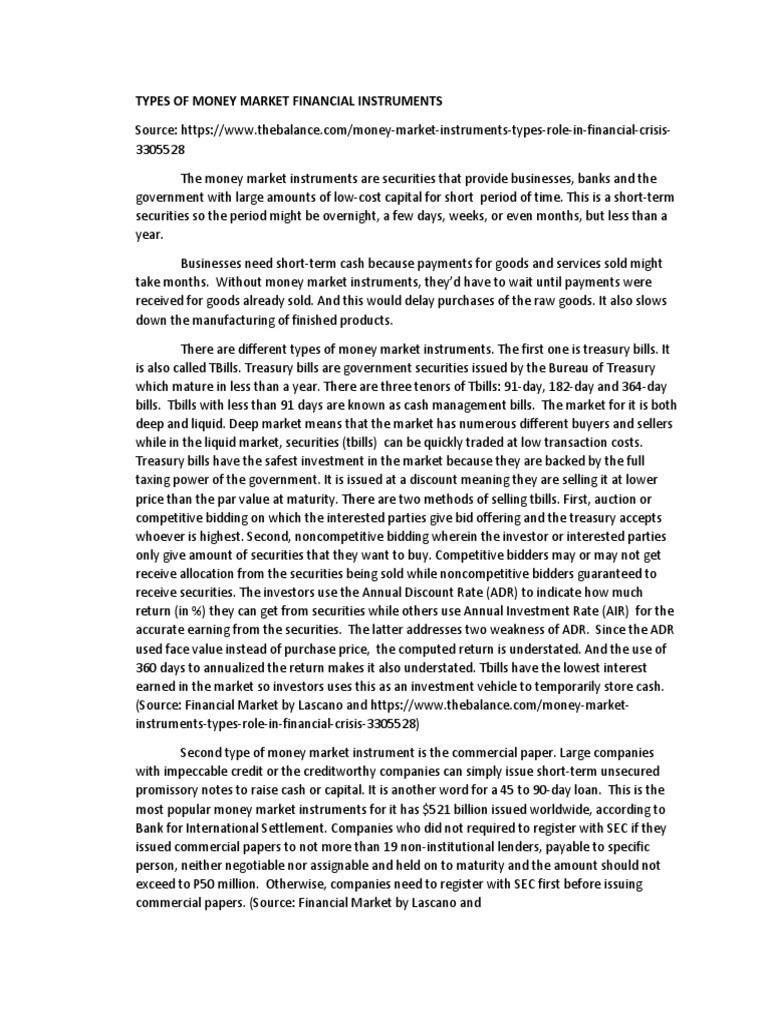 Money Market Instruments Guide | PDF | Repurchase Agreement ...