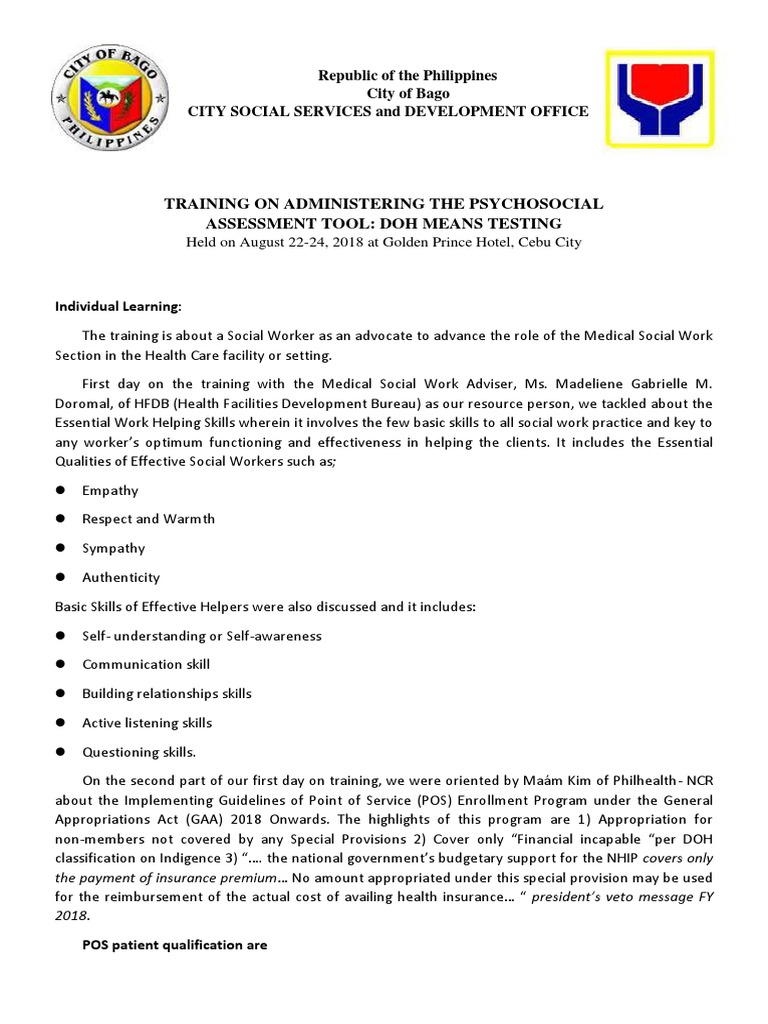DOH Means Test LEARNINGS PDF Social Work Health Care