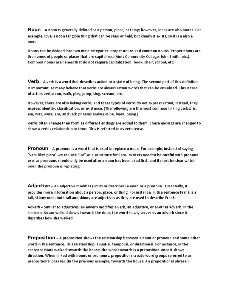 Parts of Speech Explained | PDF | Noun | Preposition And Postposition