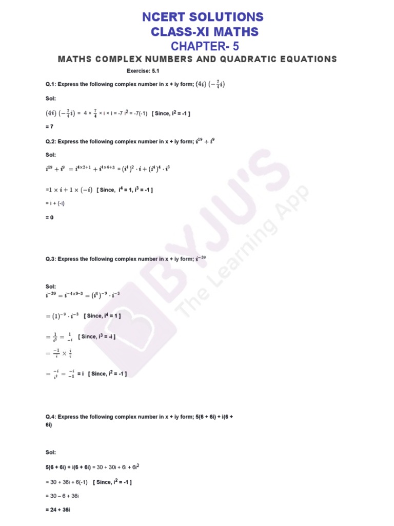 Ncert Solutions Class 11 Maths Chapter 5 Complex Numbers and Quadratic ...