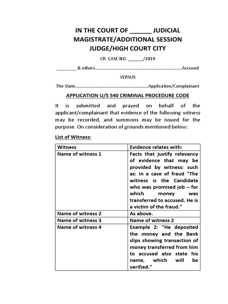 Application Under Section 540 | PDF | Witness | Criminal Procedure 