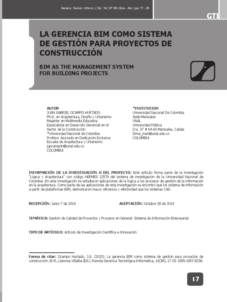 Artículo La Gerencia Bim Como Sistema de Gestión para Proyectos de ...
