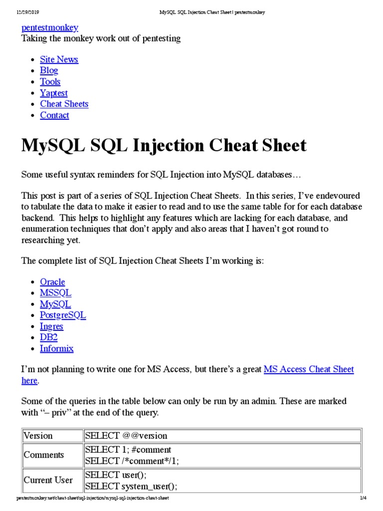 MySQL SQL Injection Cheat Sheet - Pentestmonkey | PDF | Microsoft ...
