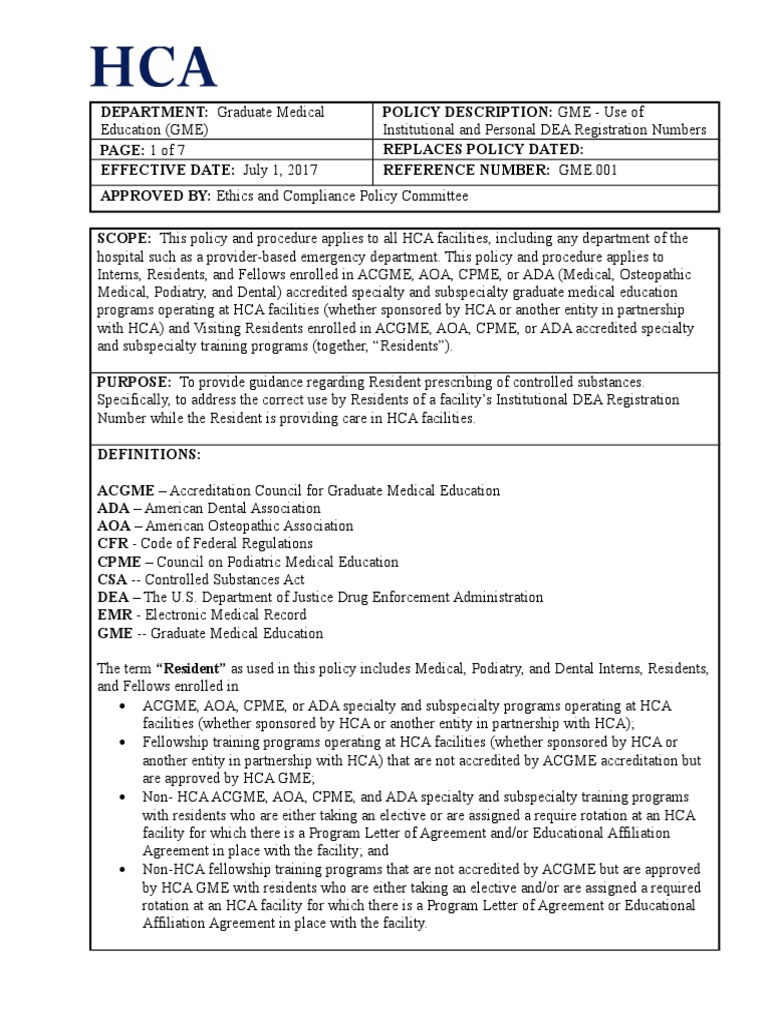 HCA GME DEA Registration Policy | PDF | Medical Prescription | Drug ...