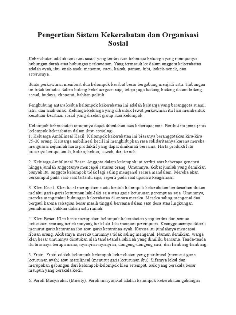 Pengertian Sistem Kekerabatan Dan Organisasi Sosial PDF