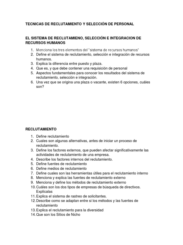 Cuestionario Tecnicas de Reclutamiento y Seleccion de Personal | PDF ...