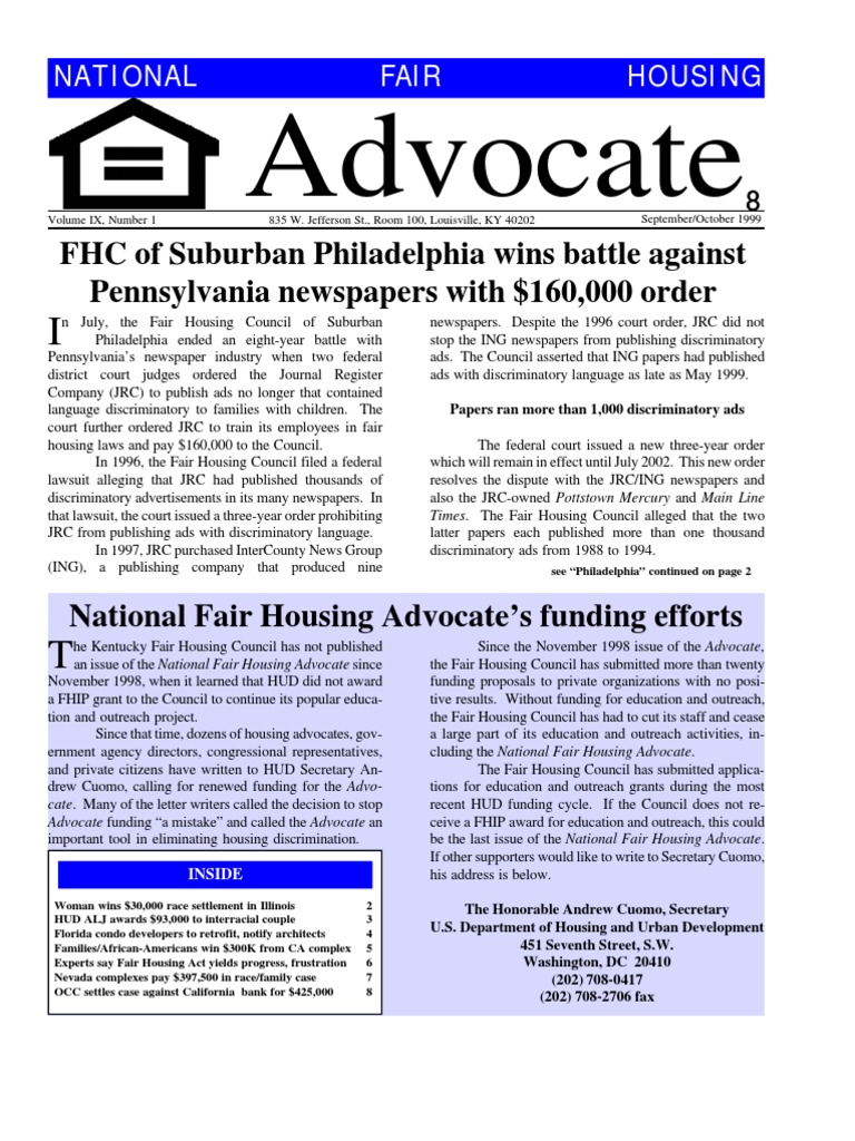 National Fair Housing Advocate September 1999 PDF Housing