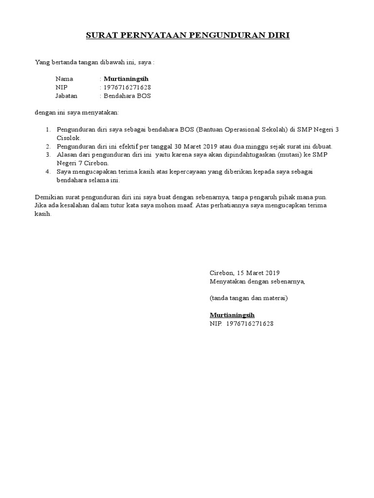 Surat Pengunduran Diri Bendahara Bos F4 Pdf
