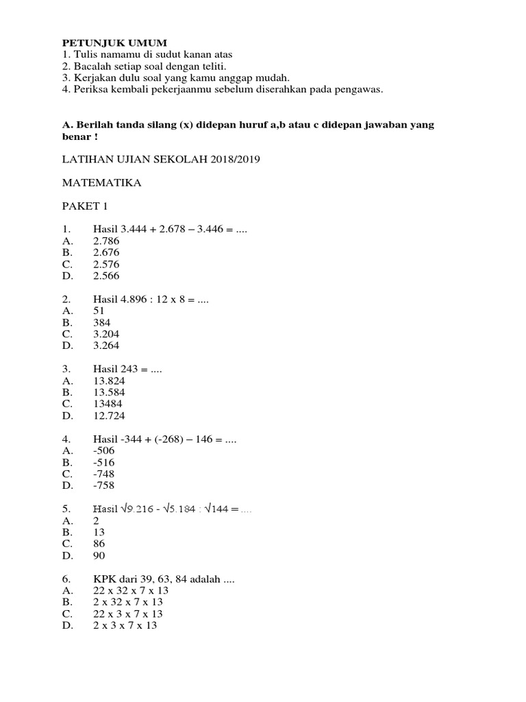 35 Contoh Soal Latihan Un Matematika Sd Kunci Jawaban Paket A Docx