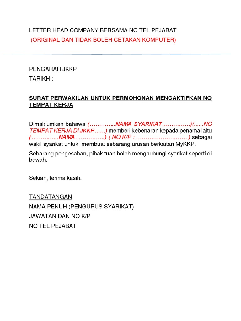 Contoh Surat Wakil Kuasa Aktif Tempat Kerja Pdf