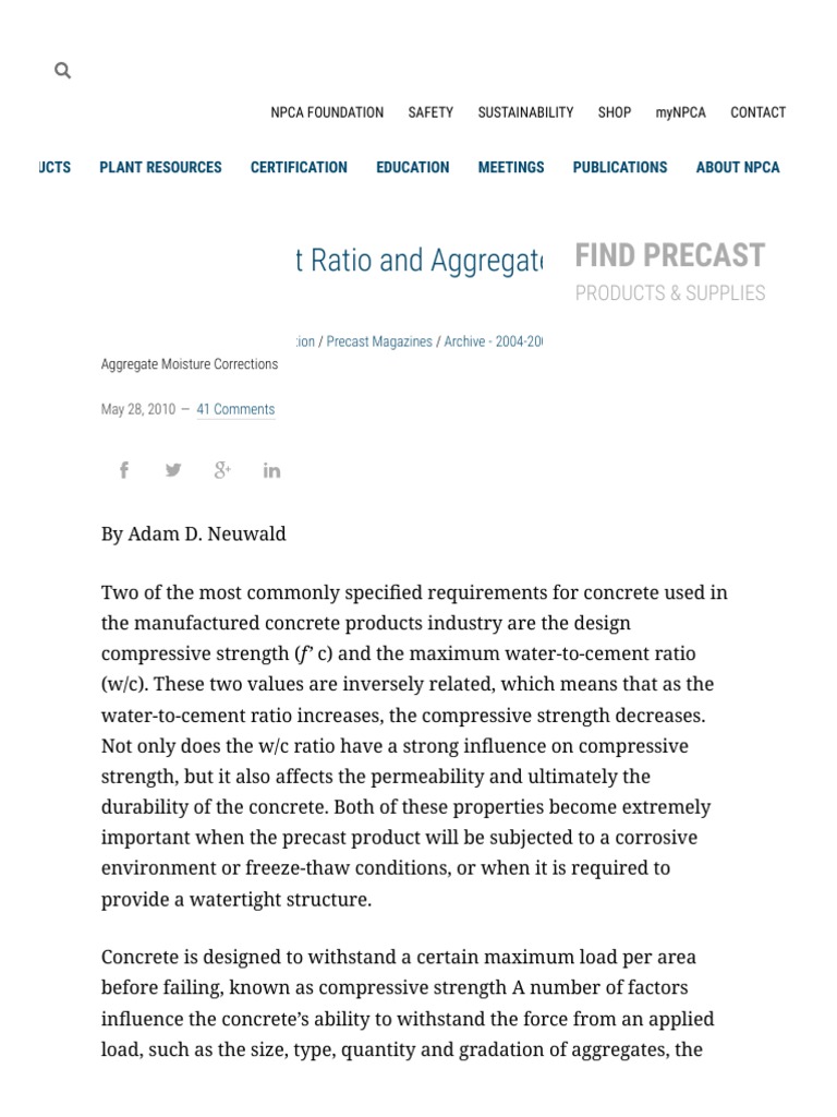 Water To Cement Ratio And Aggregate Moisture Corrections Pdf