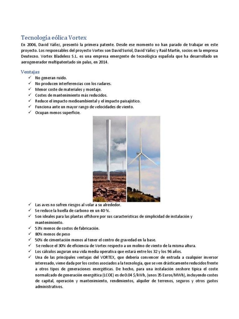 Aerogeneradores Vortex: Innovación Sin Palas | PDF | Turbina eólica ...