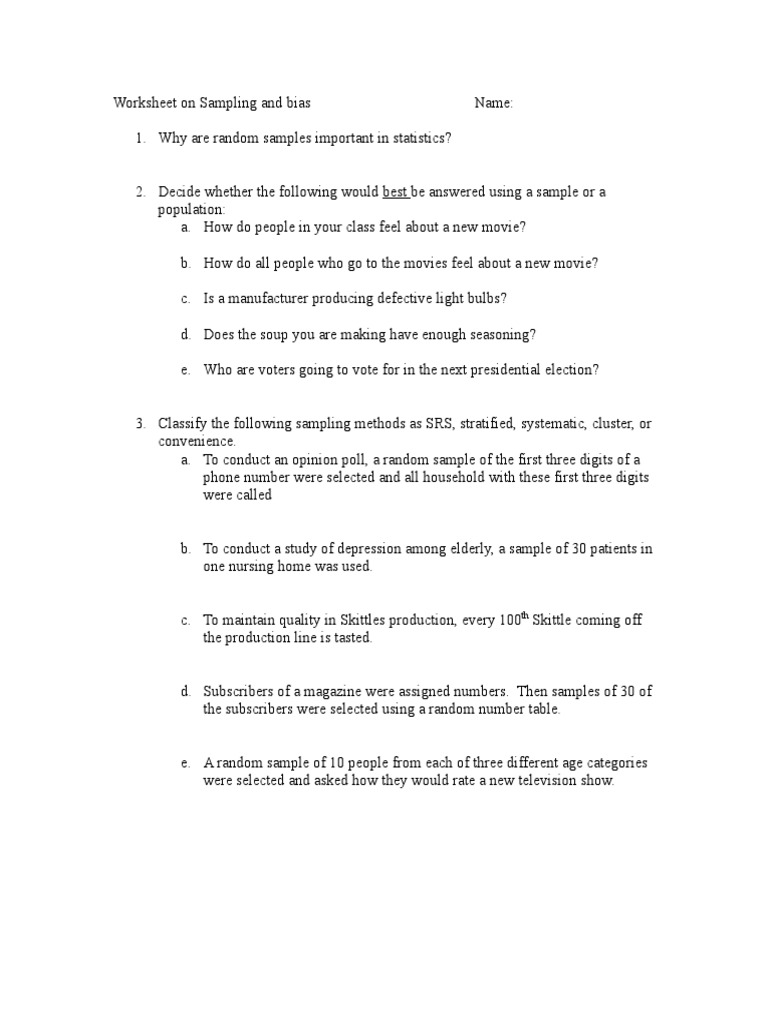 Worksheet On Sampling and Bias PDF Opinion Poll Sampling (Statistics)