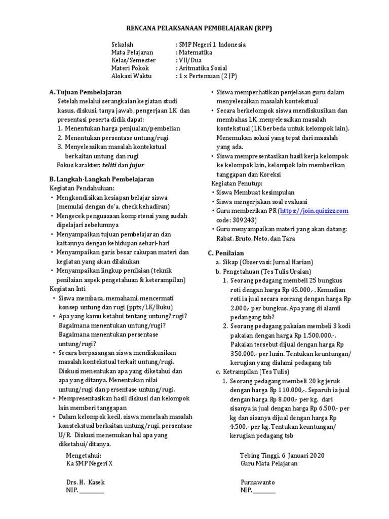 Contoh RPP Singkat Model 1 PDF | PDF
