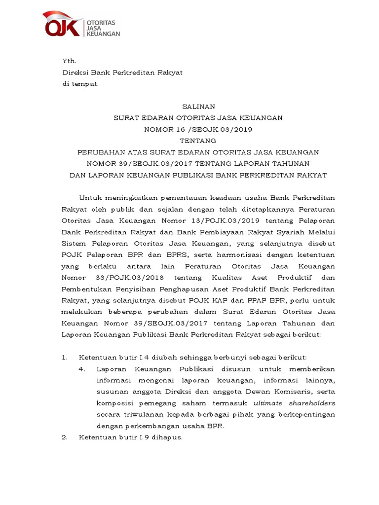 Seojk 16 Seojk 03 2019 Perubahan Atas Seojk Nomor 39 Seojk 03 2017 Tentang Laporan Tahunan Dan Laporan Keuangan Publikasi Bank Perkreditan Rakyat 2019 2