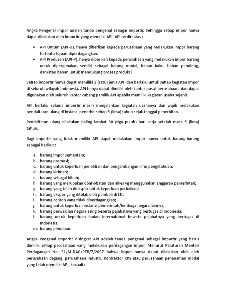 Panduan Angka Pengenal Impor (API) | PDF