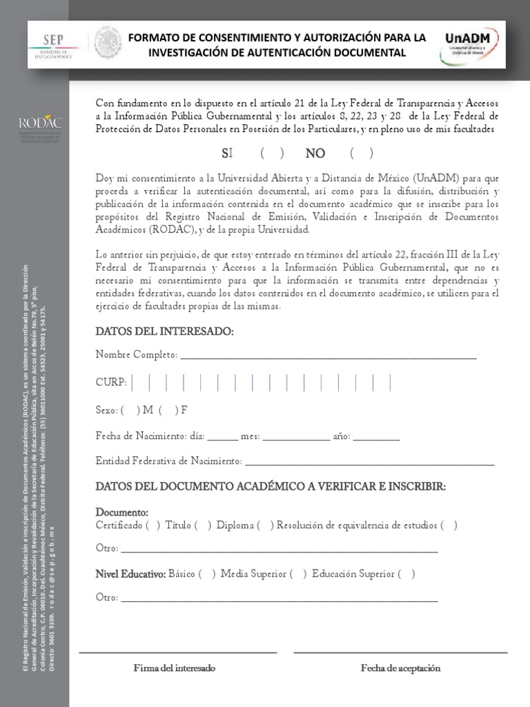 Formato RODAC | PDF | Privacidad de la información | México