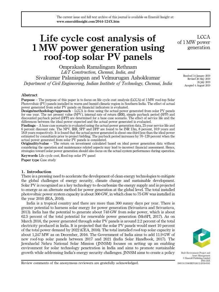 Life Cycle Cost Analysis of 1MW Power Generation Using Roof-Top Solar ...